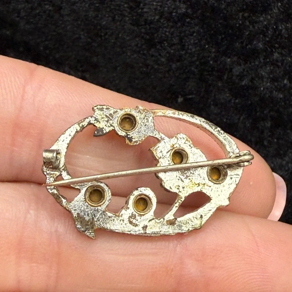 Vintage Flower Brooch Silver Tone Rhinestone Enamel Paste